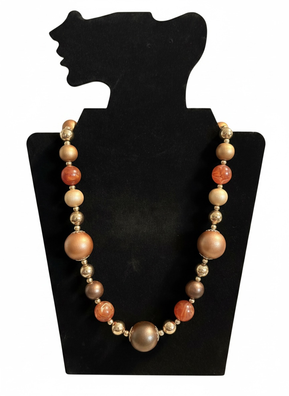 Vintage Graduated Metallic and Marbleized Bead Statement Necklace